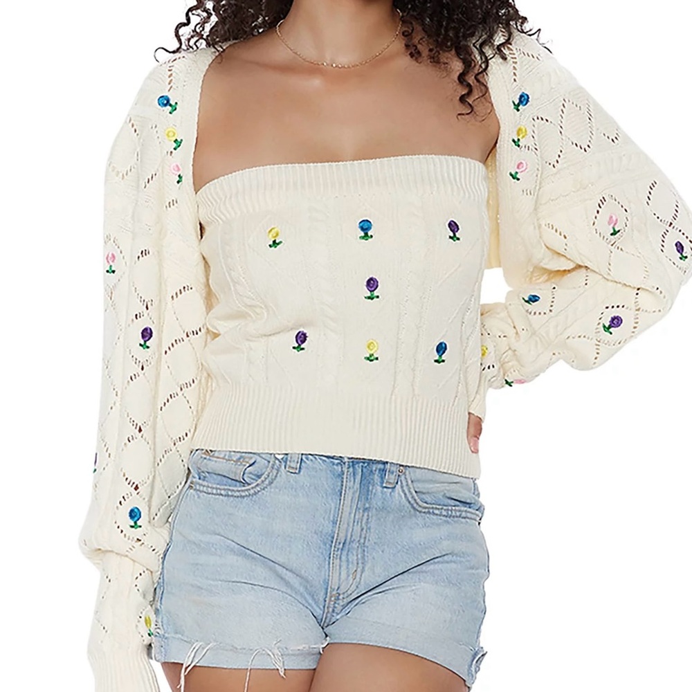 RAGA Cream and Blue Off-the-Shoulder Sweater Shrug Cover M/L